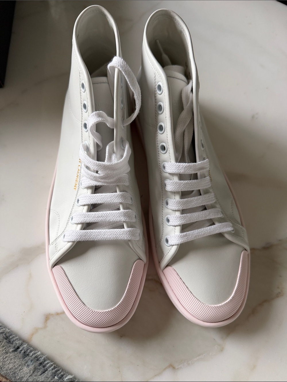 Saint Laurent White High-Top Sneakers with Pale Pink Toe Accents